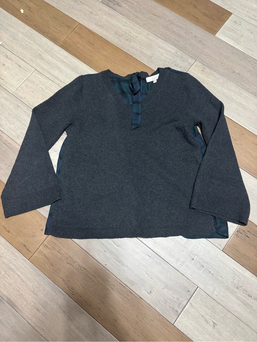 LOFT Women’s Charcoal Knit V-Neck Sweater with Plaid back